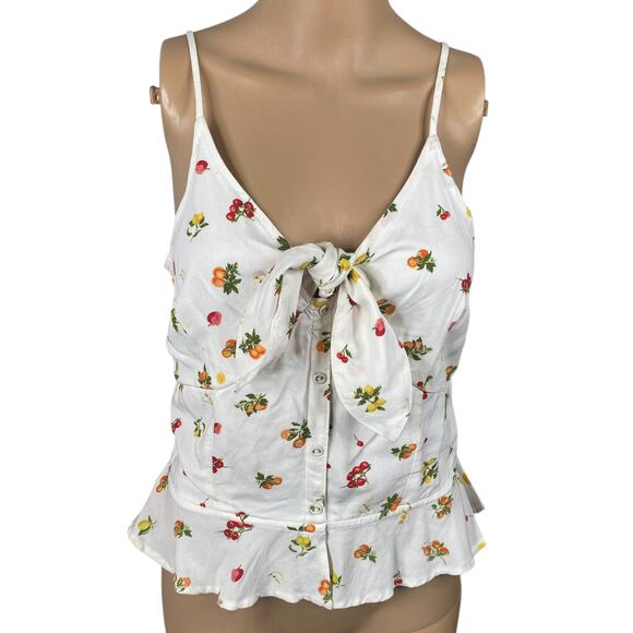 Japna White Colorful Fruity Print Tie Front Peplum Cami Tank Top SZ L - Picture 1 of 10